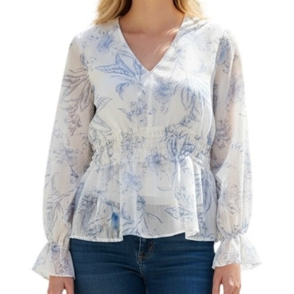 EXPRESS Elasticized Waist Peplum Hem White Chiffon Floral L/S Top NWOT Small